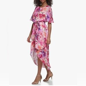 Jessica Howard Women's Style Hi Lo Midi Short Sleeve Chiffon Lurex